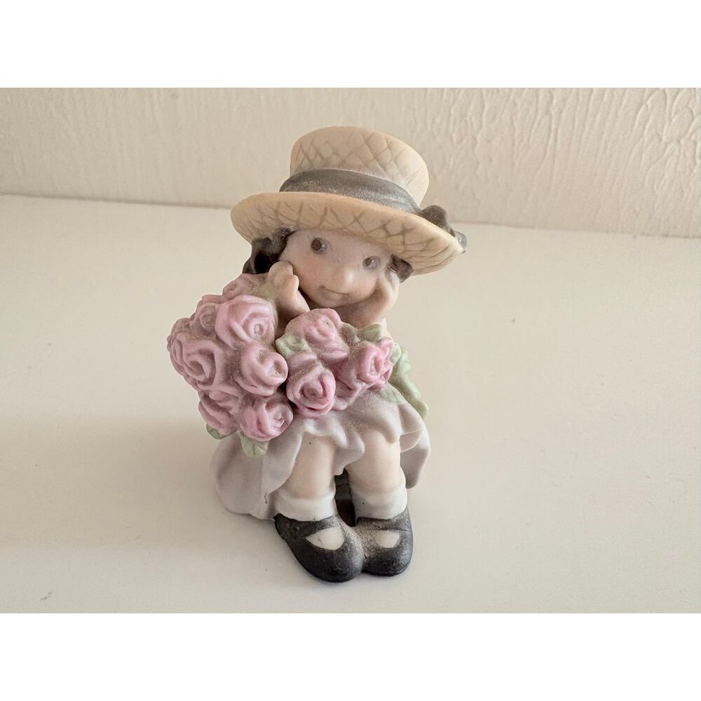 Enesco Girl Figurine with Pink Roses & Straw Hat | Vintage Porcelain Collectible